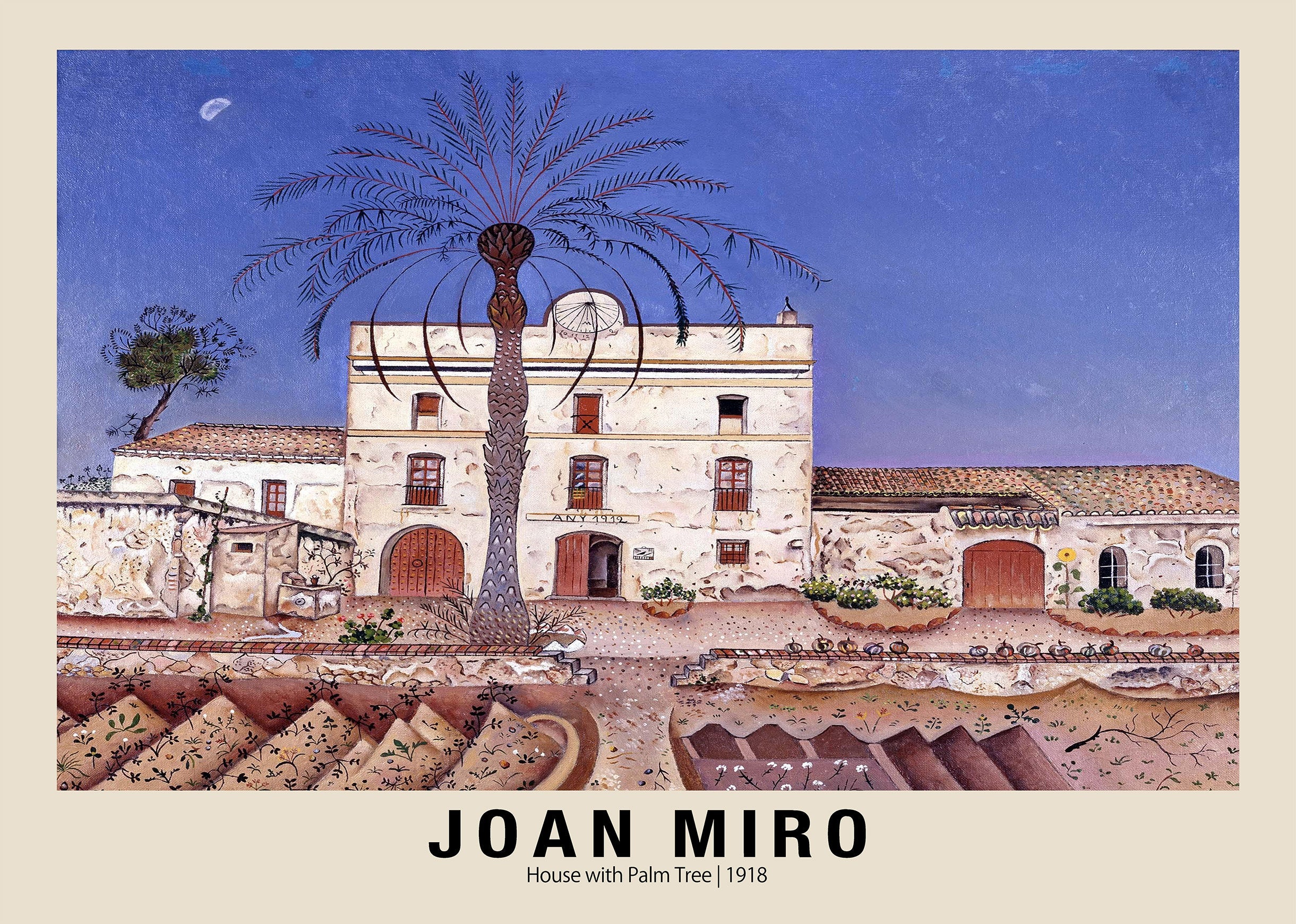 Joan Miró painting of a rustic white Spanish farmhouse dominated by a tall palm tree against a dark blue sky, 1918.