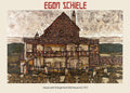 Reproduction of Egon Schiele’s 1915 Expressionist painting, House with Shingle Roof (Old House II), featuring intense texture and dark, moody earth tones.