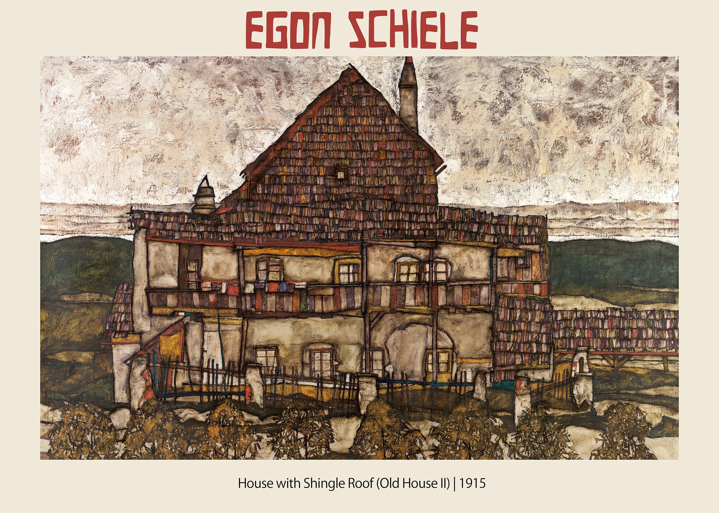 Reproduction of Egon Schiele’s 1915 Expressionist painting, House with Shingle Roof (Old House II), featuring intense texture and dark, moody earth tones.