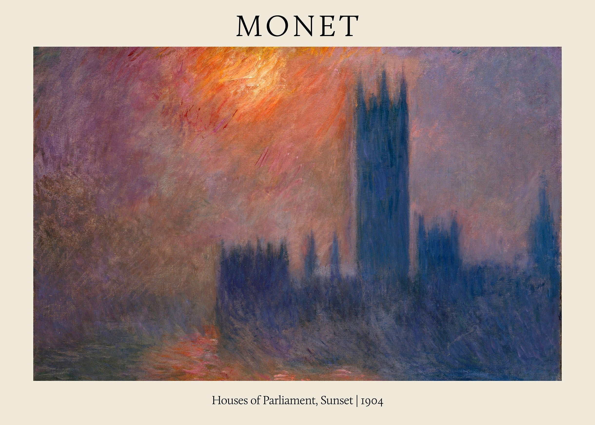 Vivid Claude Monet Impressionist painting of the Houses of Parliament as a dark blue silhouette against a fiery orange and purple sunset sky.