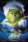 Vertical movie poster for The Grinch (2000) showing a close-up of Jim Carrey as the Grinch over a snowy Whoville village.