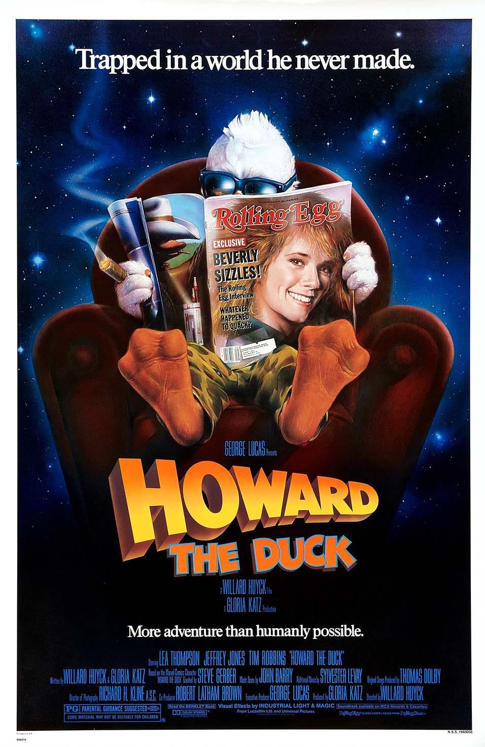 Original theatrical movie poster for Howard the Duck (1986), showing Howard, the duck, lounging in an armchair in space.