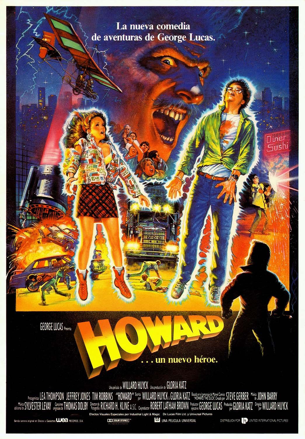 Original international theatrical poster for the 1986 film Howard the Duck, showing Lea Thompson reacting to a massive looming monster face over a chaotic city street.