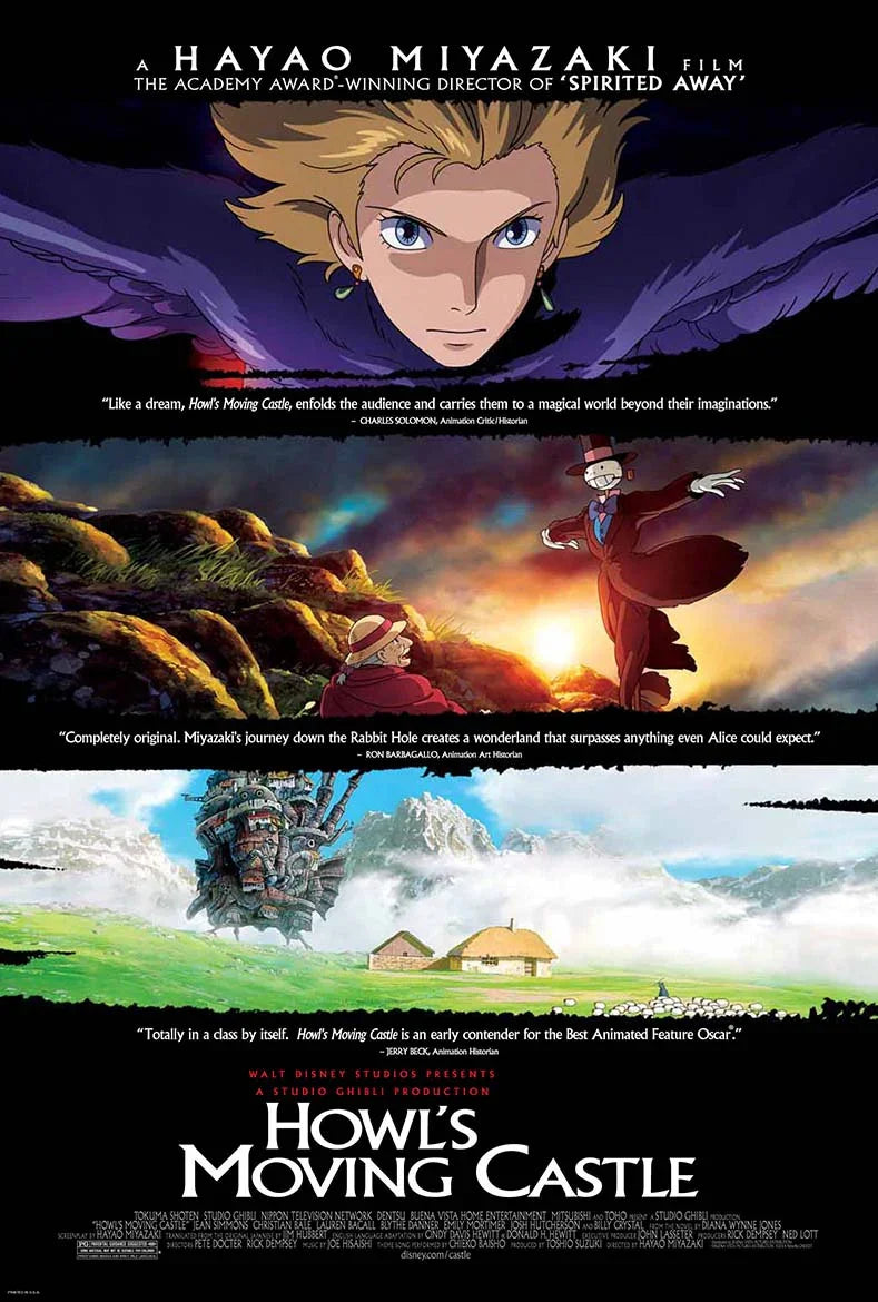Official movie poster for Howl's Moving Castle showing Howl, Sophie, and the fantastical mechanical castle floating over a landscape.