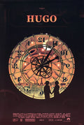 Illustrated Hugo movie poster showing large clock face with two silhouetted children holding hands against Paris skyline