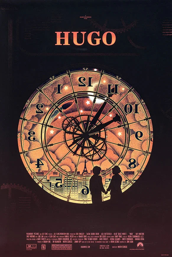 Illustrated Hugo movie poster showing large clock face with two silhouetted children holding hands against Paris skyline