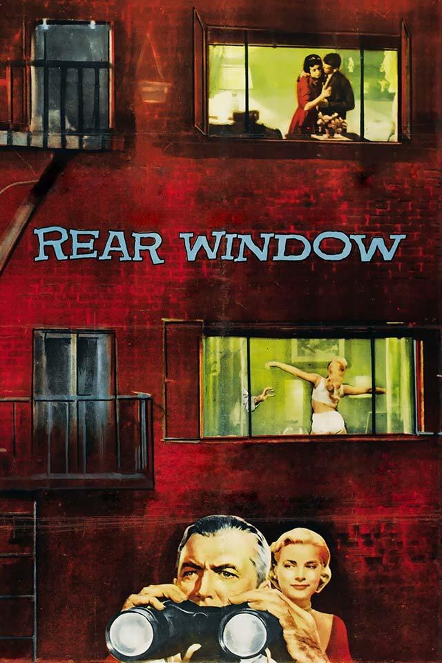 Vintage poster for Rear Window showing James Stewart using binoculars and Grace Kelly observing neighboring apartment windows in a dramatic illustration.