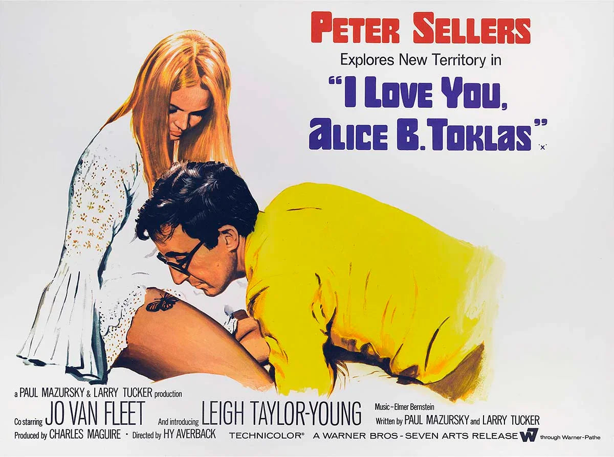 Vintage movie poster for I Love You, Alice B. Toklas showing Peter Sellers leaning down toward a woman's leg with a butterfly detail.