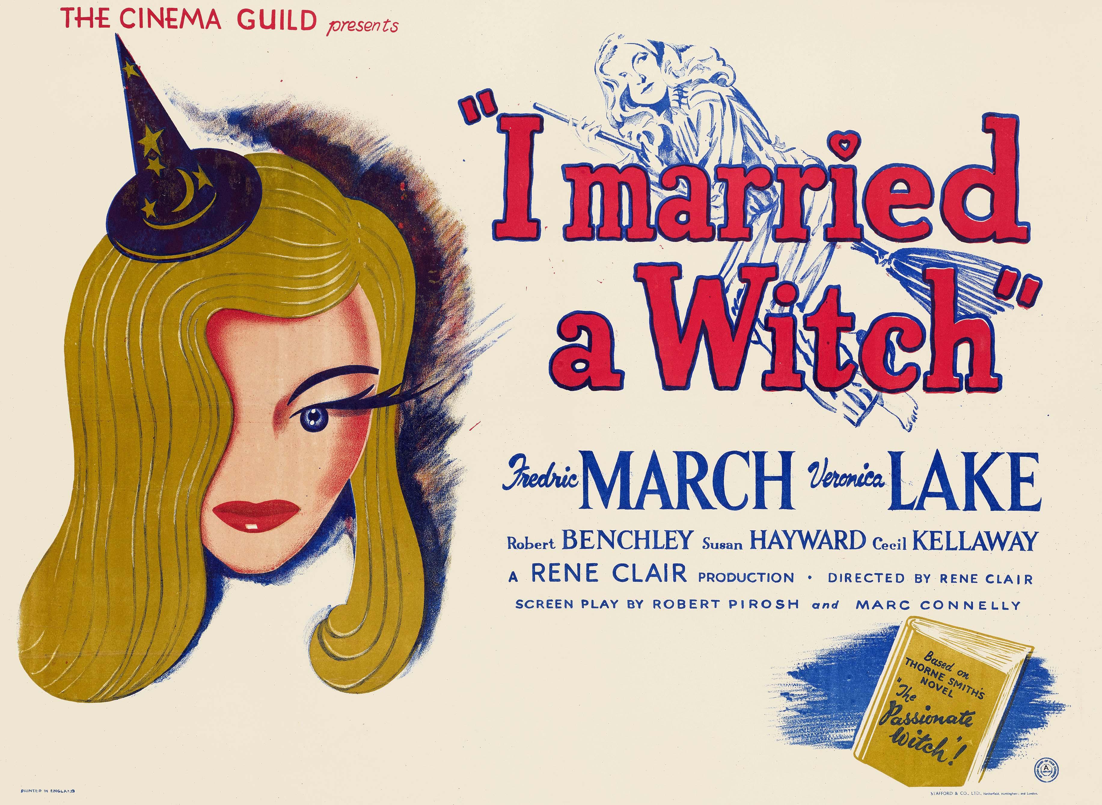 Original British movie poster art for "I Married a Witch" (1942) showing a stylized close-up of Veronica Lake in a witch hat against red and blue typography.