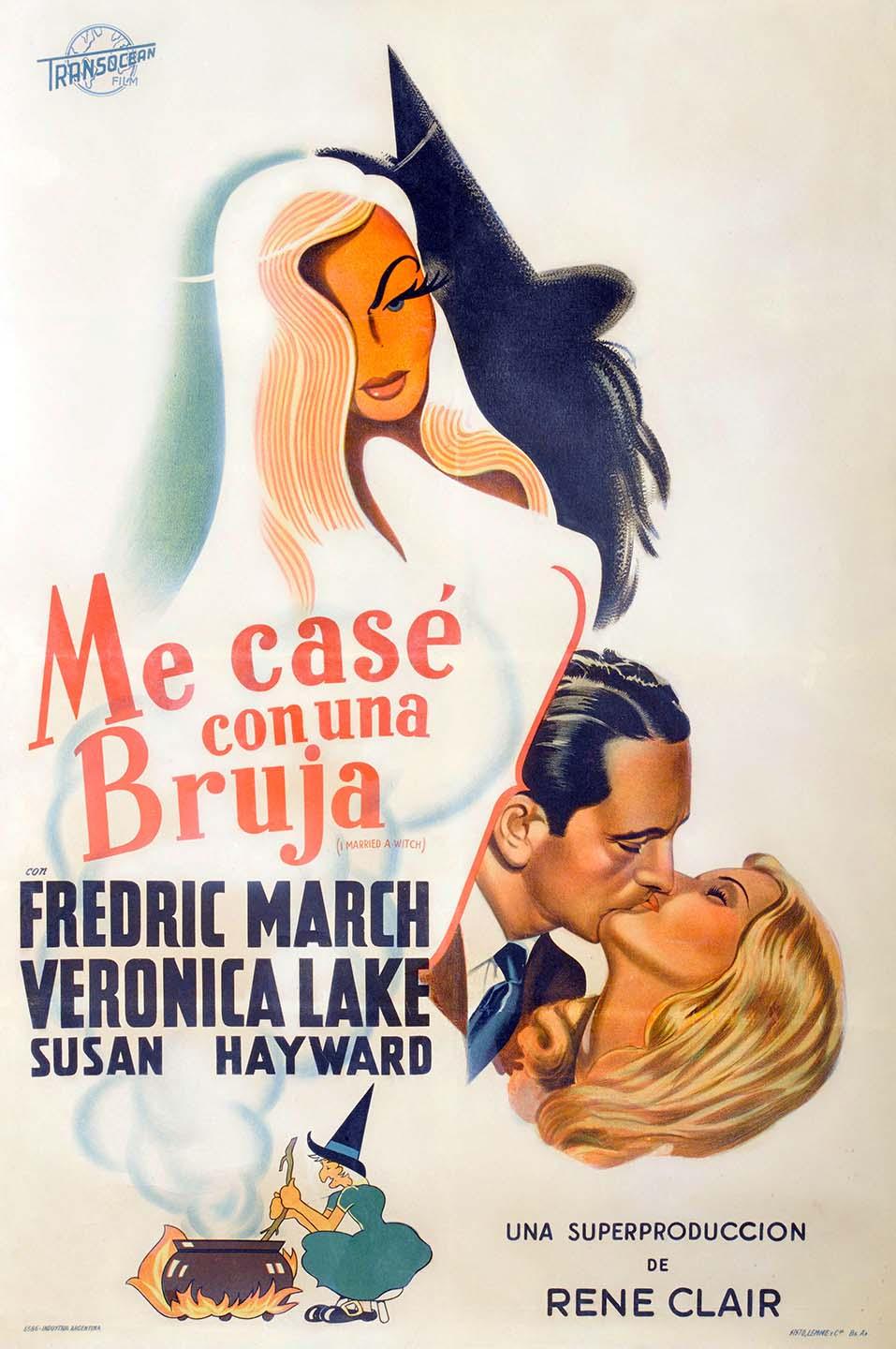 Vintage Spanish film poster for I Married a Witch, featuring a large, ethereal illustration of Veronica Lake and a kissing scene with Fredric March, with a small cartoon witch at the bottom.