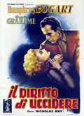 Dramatic Italian poster for In a Lonely Place (Il Diritto di Uccidere) showing Humphrey Bogart gripping Gloria Grahame with intense shadows.
