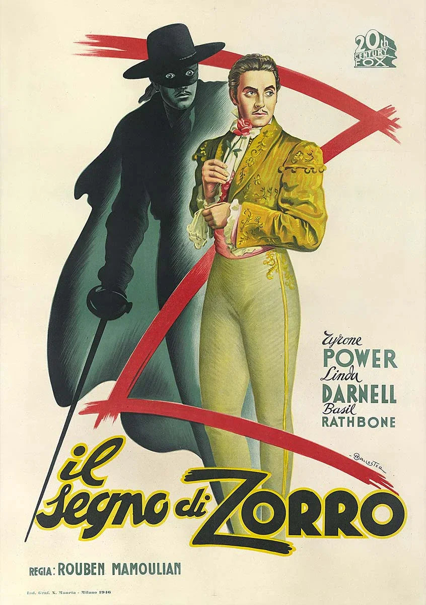 Italian movie poster for The Mark of Zorro (1940) showing Tyrone Power in a yellow outfit alongside the masked Zorro character in shadow, marked by a dramatic red Z.