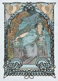 Symbolist Art Nouveau poster, Mucha style, showing a crowned woman holding dramatic masks, framed by Celtic knots and winged doves.