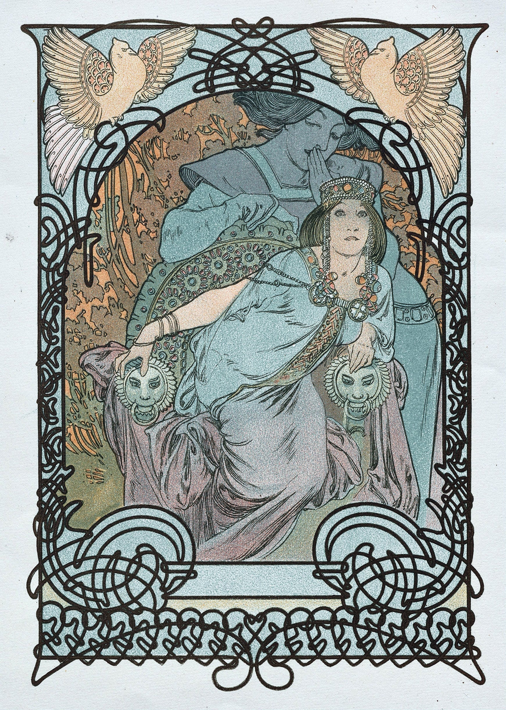 Symbolist Art Nouveau poster, Mucha style, showing a crowned woman holding dramatic masks, framed by Celtic knots and winged doves.