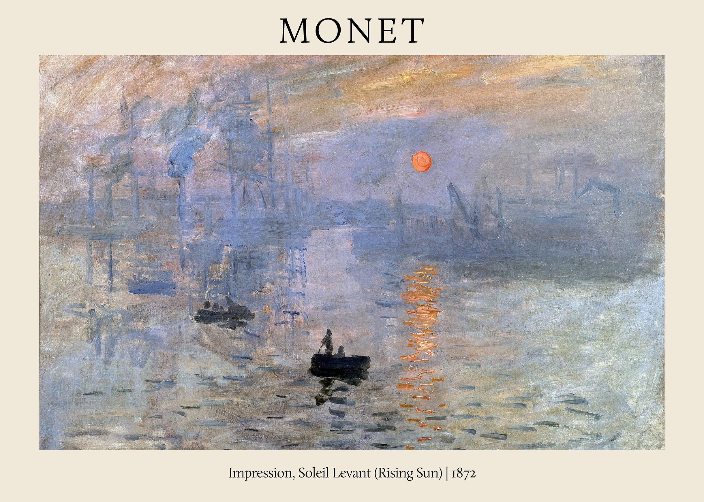Claude Monet painting showing a vivid orange rising sun over a hazy, blue-gray harbor with boats, the original Impressionist masterpiece.