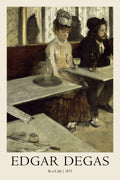 Edgar Degas' 1873 oil painting "In a Café," showing a woman and a smoking man sitting sadly at marble tables in a Parisian establishment.