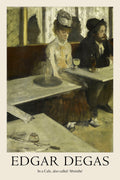 Edgar Degas painting of a disengaged man and woman sitting at tables in a dimly lit Parisian café with a glass of absinthe.