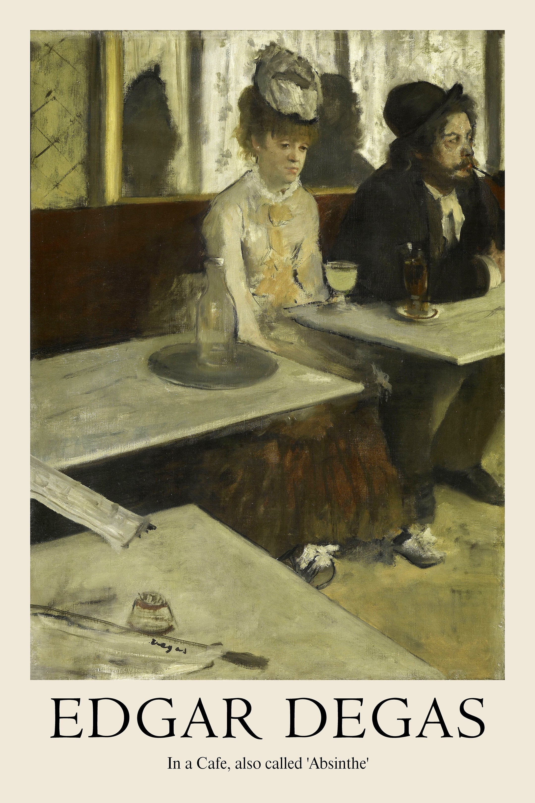 Edgar Degas painting of a disengaged man and woman sitting at tables in a dimly lit Parisian café with a glass of absinthe.