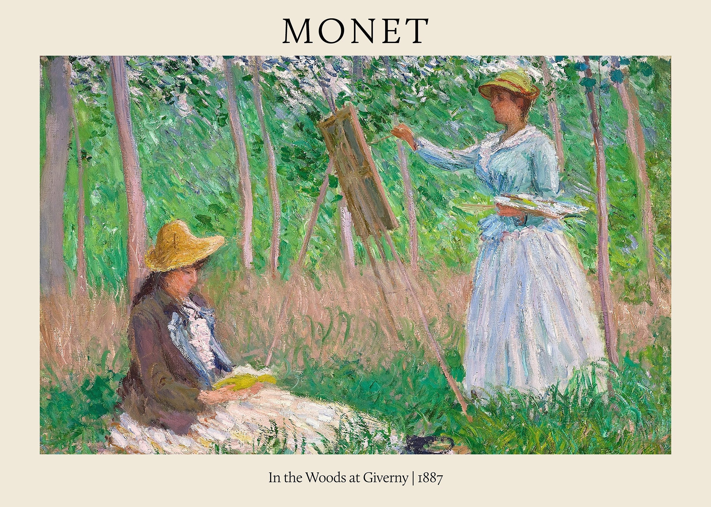 Impressionist oil painting by Claude Monet depicting two women, one painting at an easel, in a bright, lush Giverny forest setting, 1887.