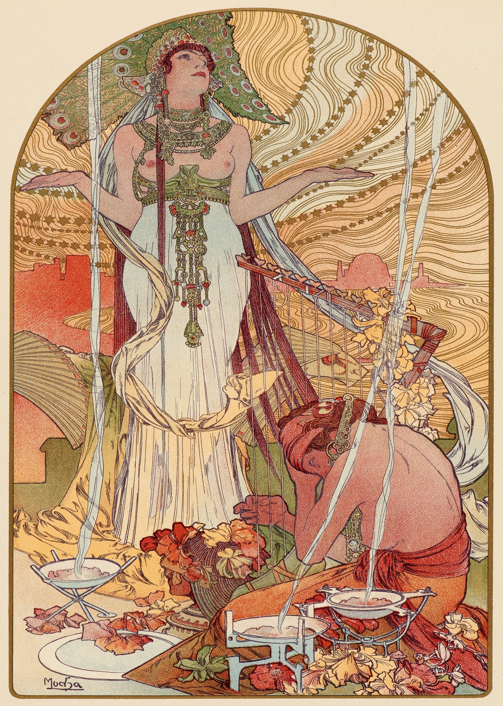 Alphonse Mucha lithograph reproduction depicting a bejeweled, semi-nude woman standing over a kneeling figure, characteristic of the exotic Art Nouveau style.