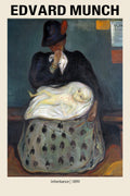 The Expressionist painting "Inheritance" by Edvard Munch, depicting a grieving woman in a dark hat holding a pale, sick infant wrapped in white cloth.