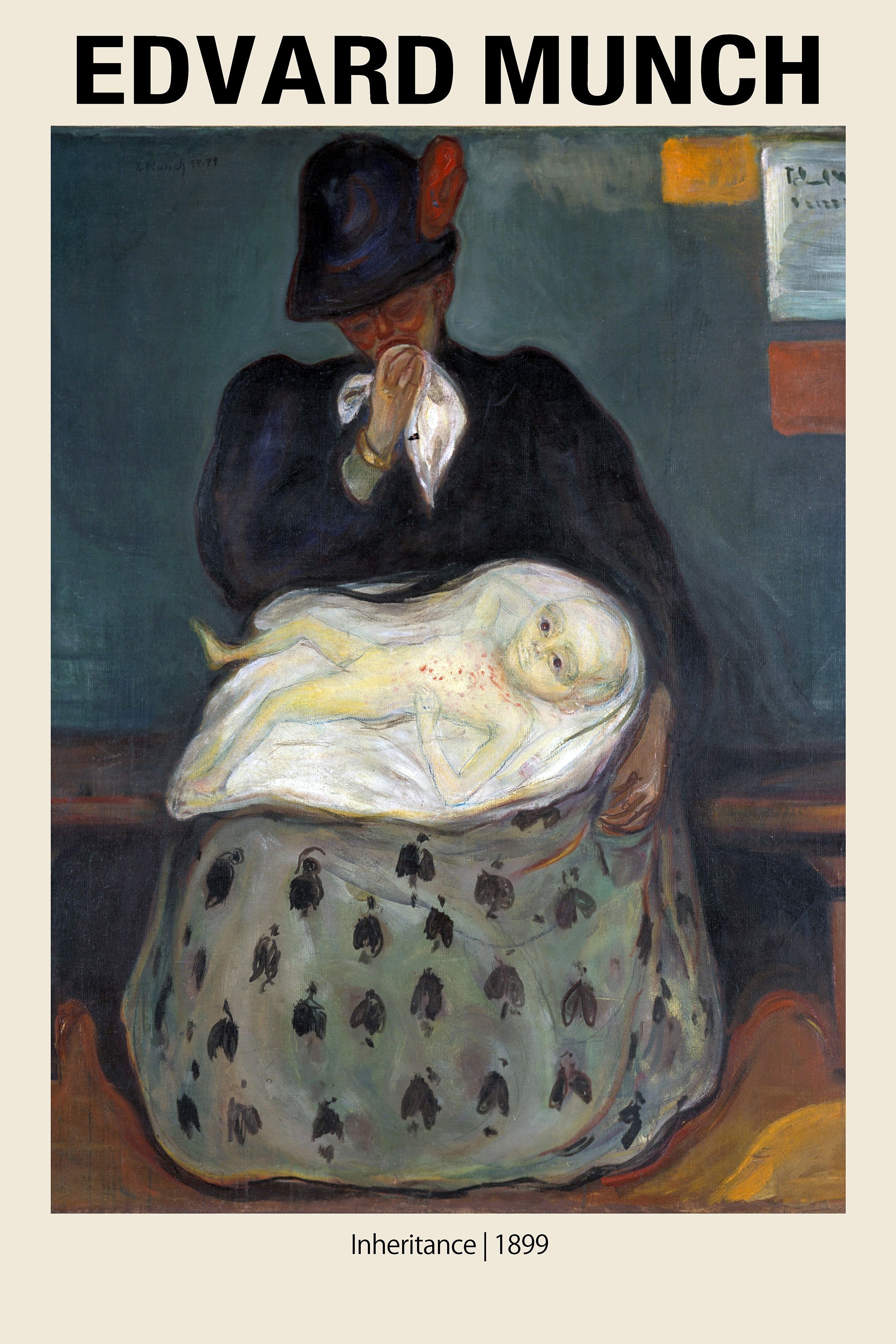 The Expressionist painting "Inheritance" by Edvard Munch, depicting a grieving woman in a dark hat holding a pale, sick infant wrapped in white cloth.
