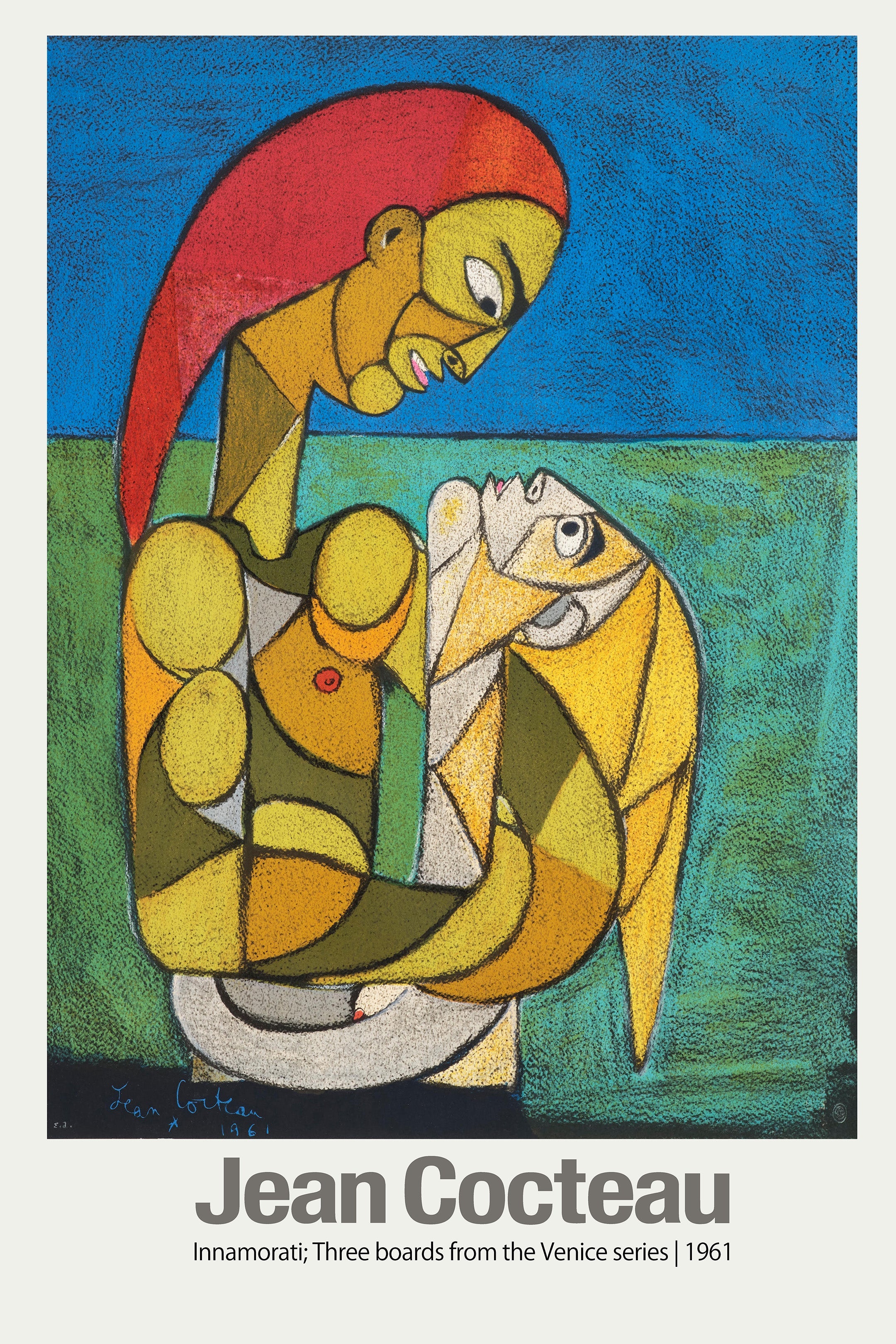 Jean Cocteau's "Innamorati" (1961), a vibrant chalk drawing featuring two abstract, embracing figures against a blue and green background, showcasing post-Cubist style.