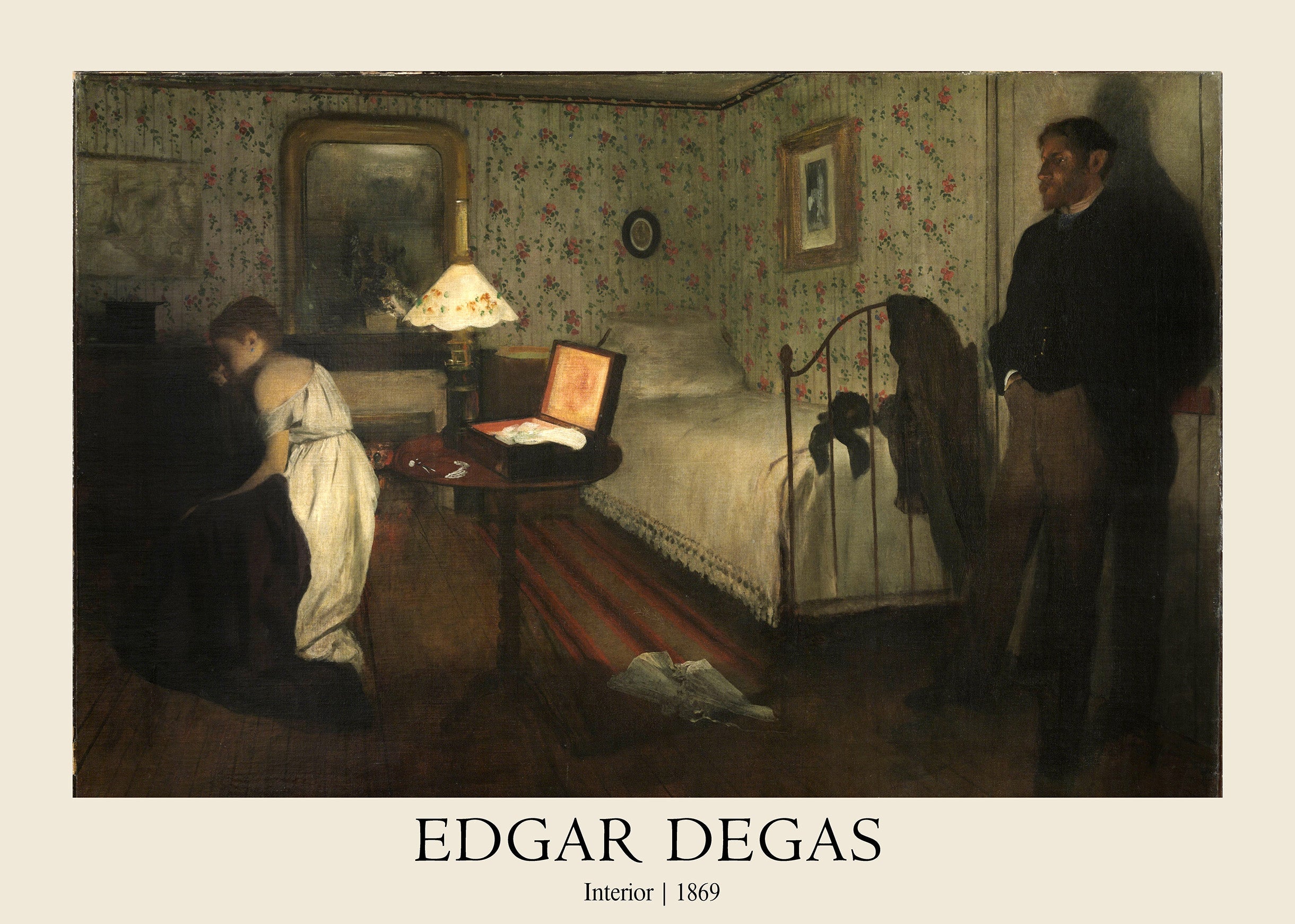 Oil painting by Edgar Degas titled "Interior" showing a man standing in a dimly lit bedroom with a distraught woman. Features floral wallpaper and a small bed.