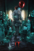 Pennywise clown holding red balloon surrounded by creepy clown dolls in dark gothic room with stained glass windows