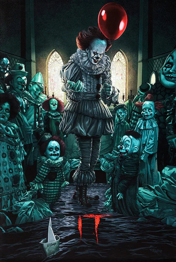 Pennywise clown holding red balloon surrounded by creepy clown dolls in dark gothic room with stained glass windows