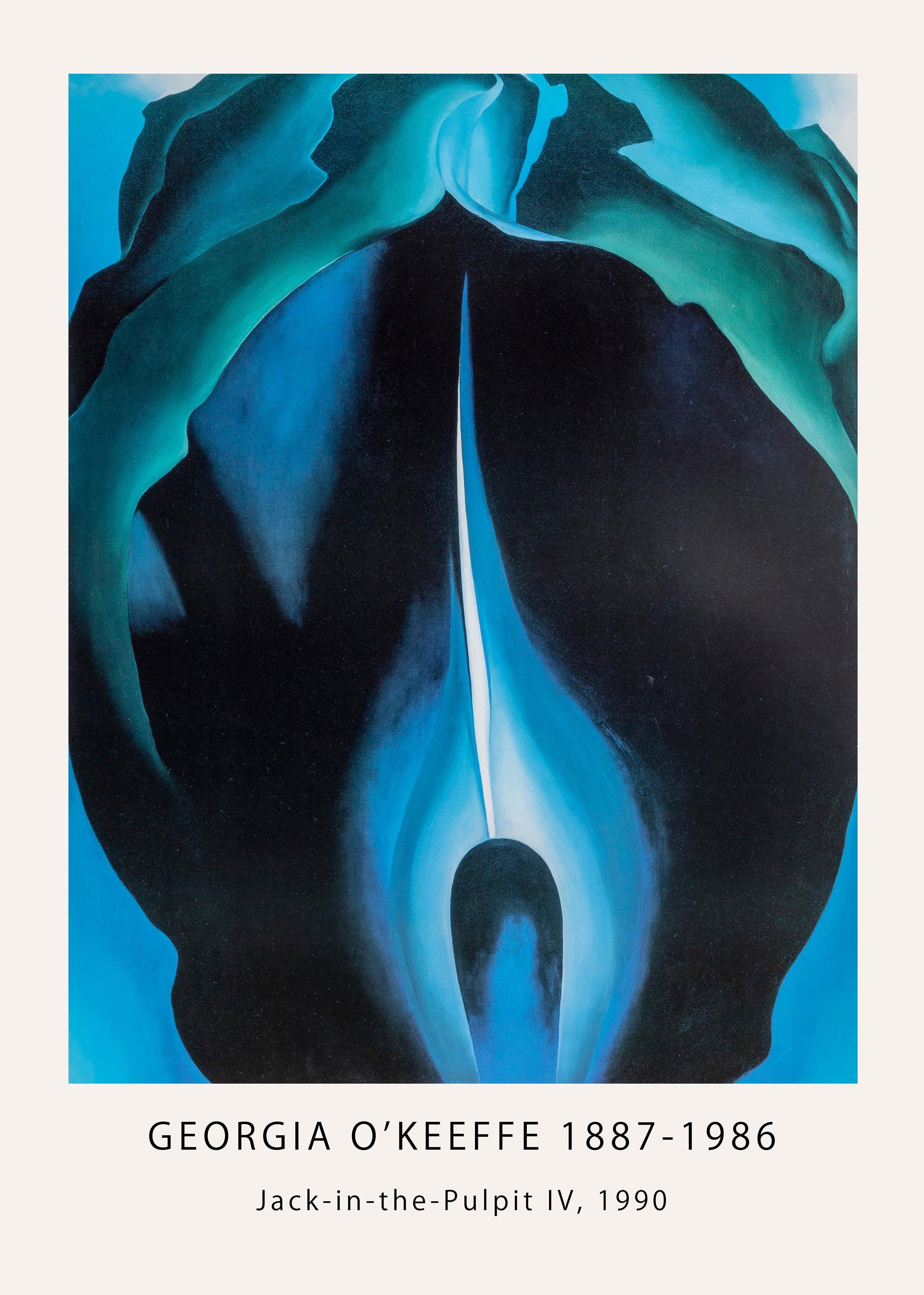 Oversized fine art print of Georgia O'Keeffe's painting, "Jack-in-the-Pulpit IV," featuring deep blues, black shadows, and white light to capture the abstract form of a flower.