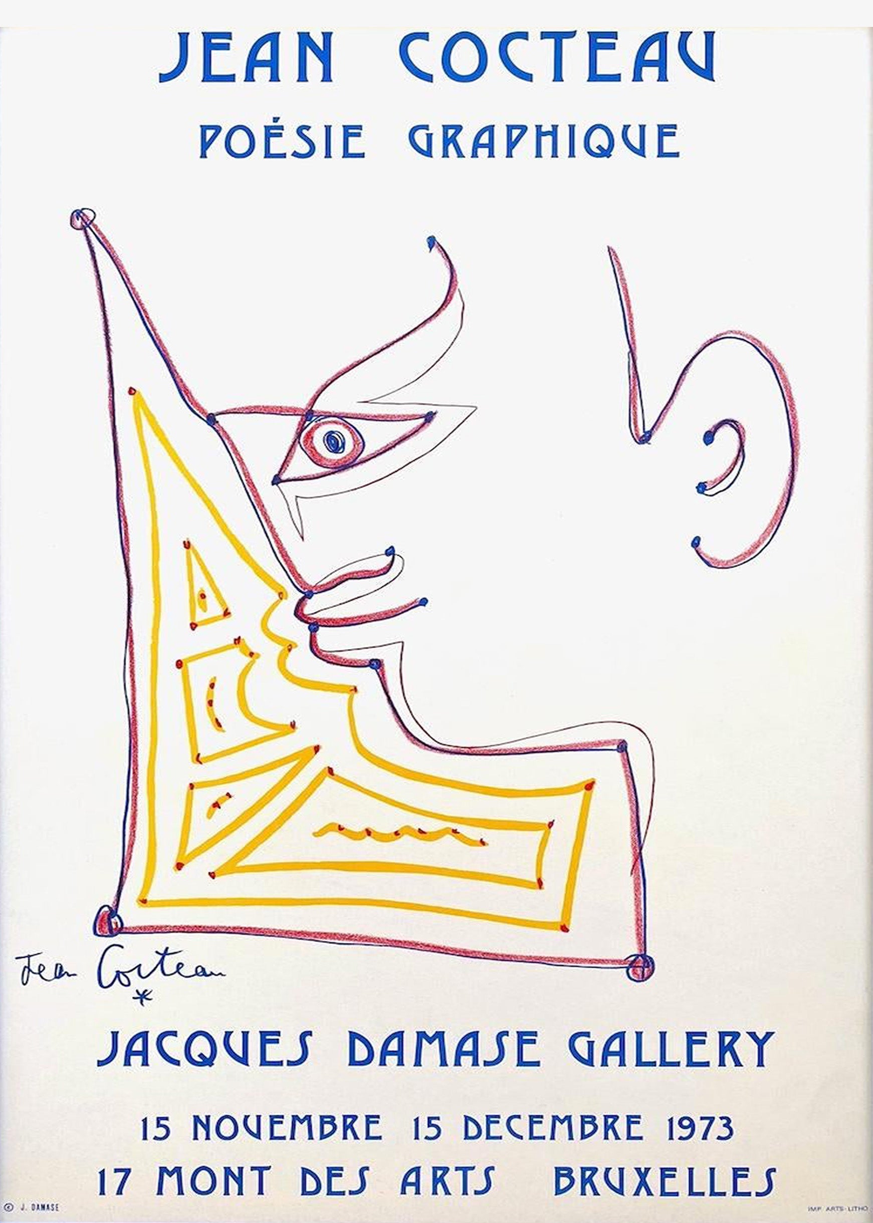 Original 1973 Jean Cocteau exhibition poster featuring a minimalist abstract face profile drawn in red and yellow lines and blue text on white.