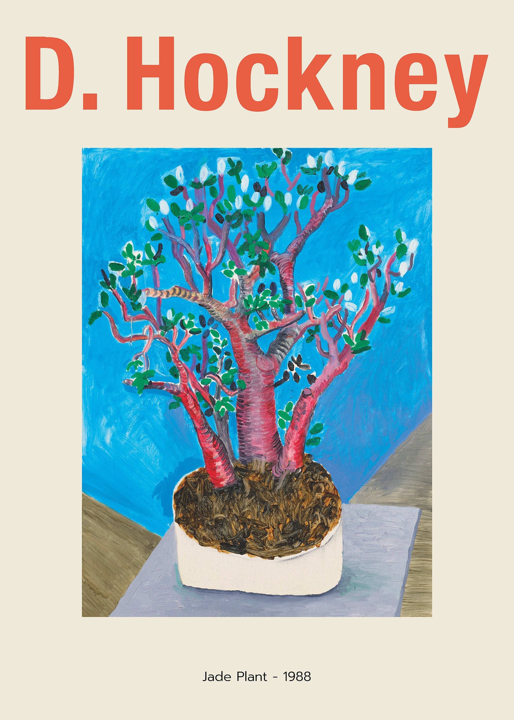 A vibrant art poster featuring David Hockney's 1988 painting of a potted jade plant with bright red stems against an intense turquoise background.