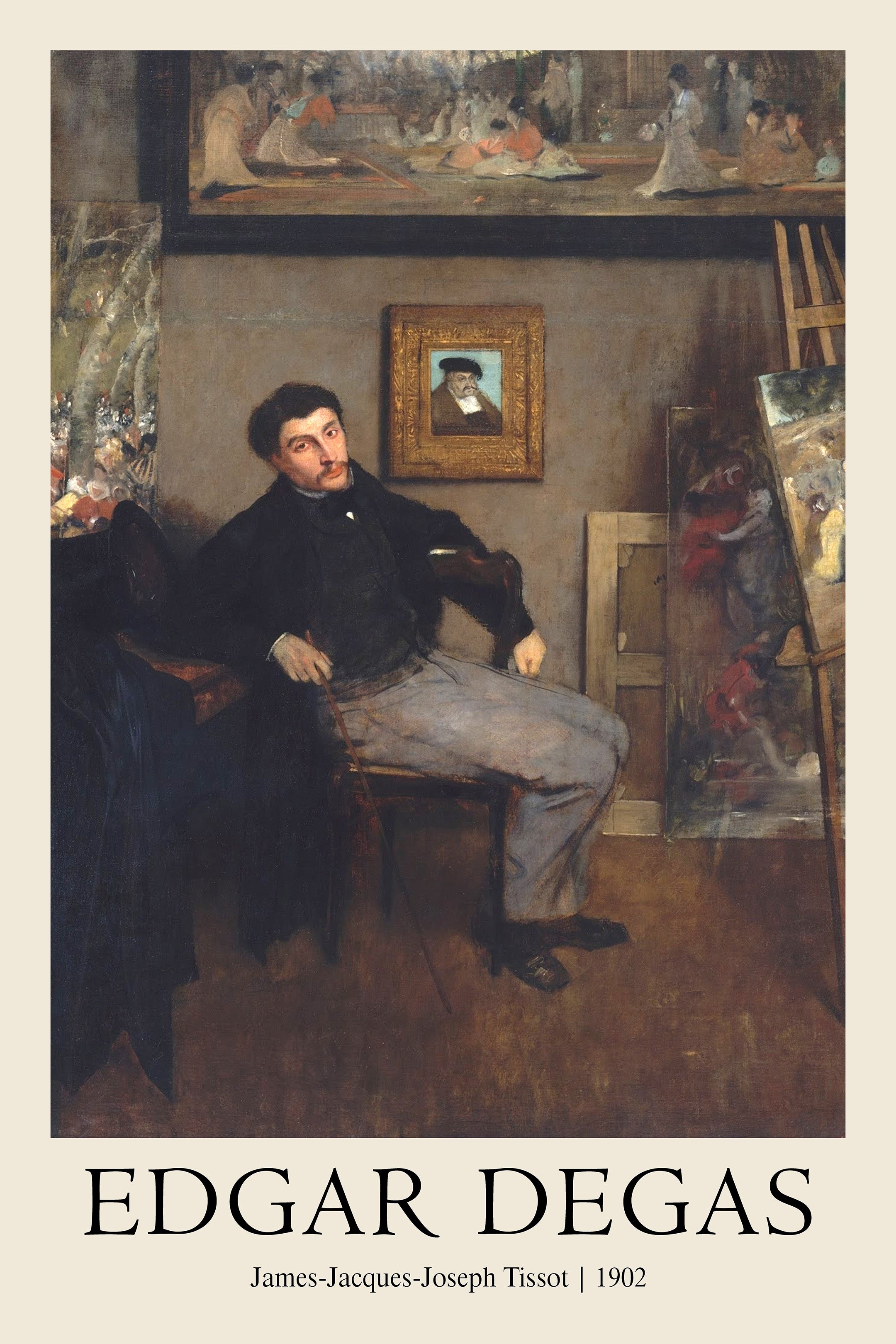 Oil painting of Edgar Degas seated in James Tissot's dark, cluttered Paris studio, wearing a dark suit and holding a cane.