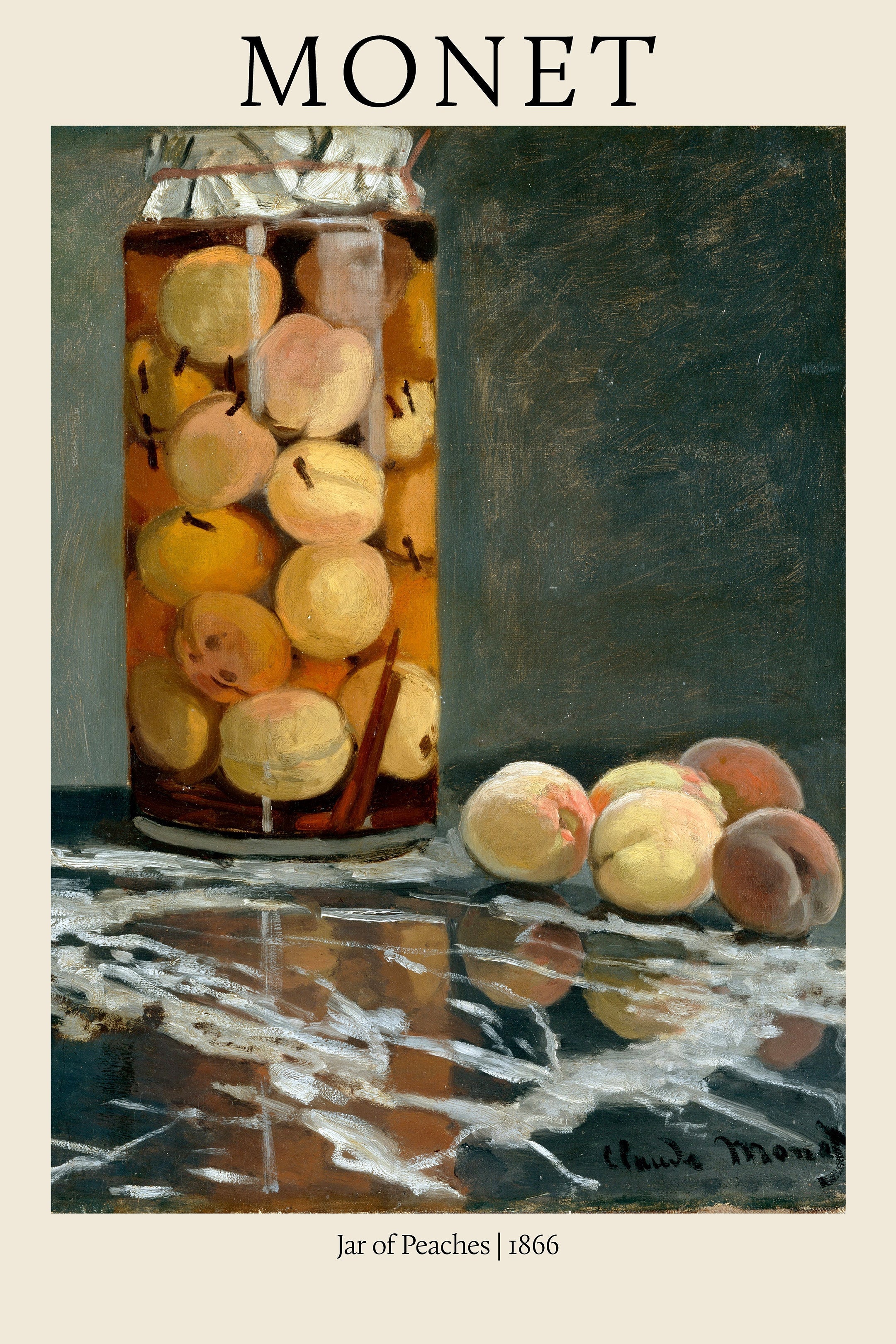 Oil painting by Claude Monet titled "Jar of Peaches" (1866) featuring golden preserved fruit reflecting on a marble tabletop.