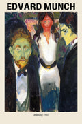 Edvard Munch’s painting "Jealousy" (1907), showing three figures with unnaturally colored faces, including a man with a green face and a woman with a red face.
