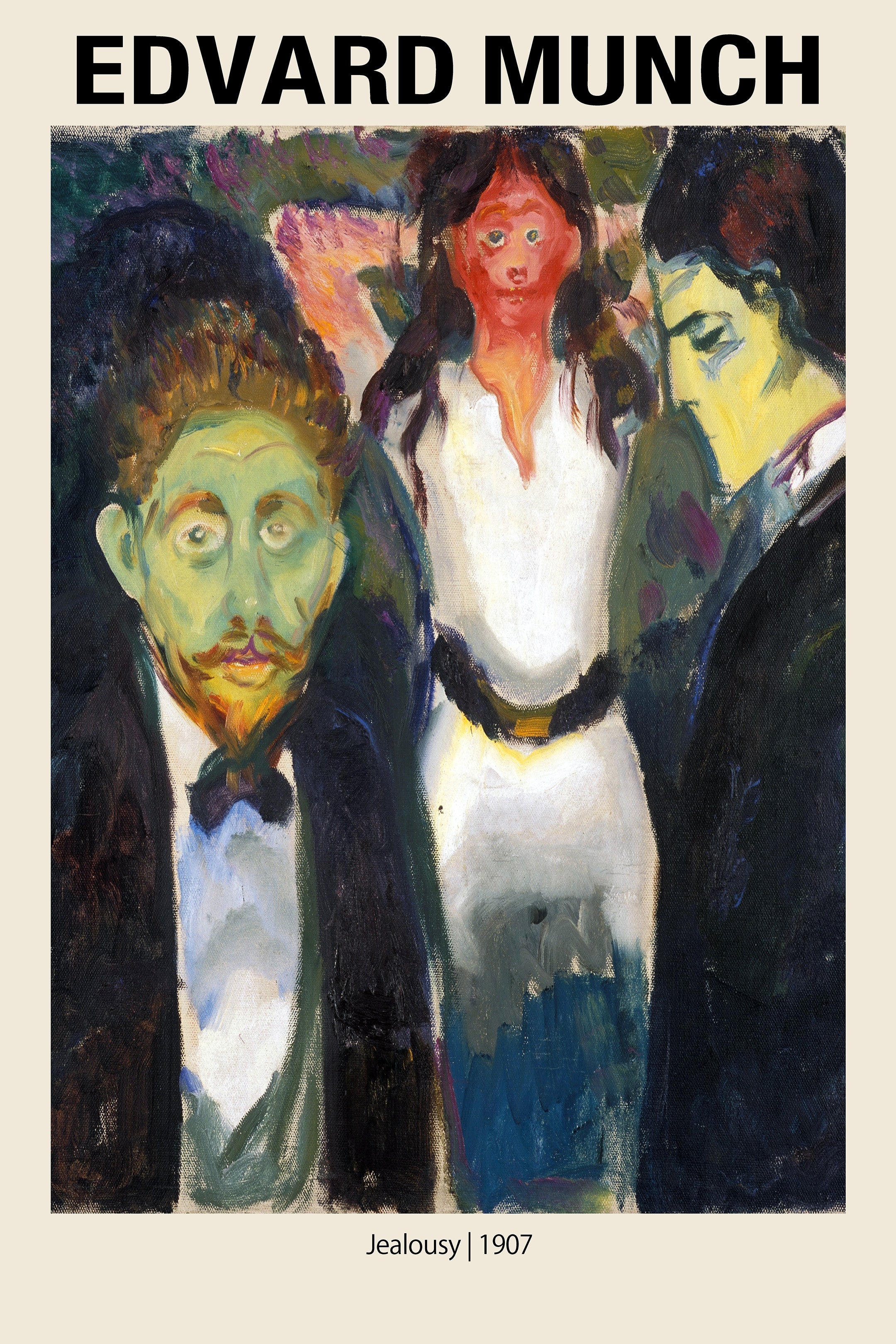 Edvard Munch’s painting "Jealousy" (1907), showing three figures with unnaturally colored faces, including a man with a green face and a woman with a red face.