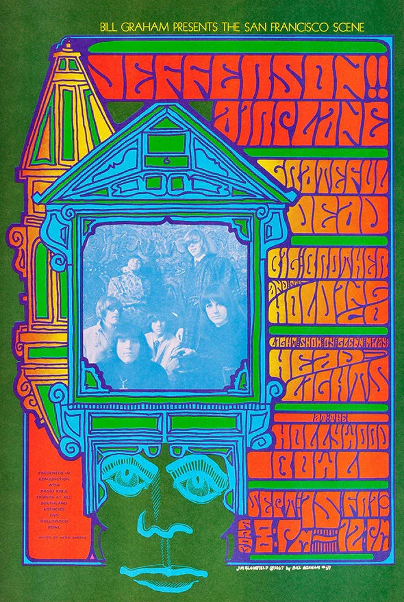 1967 psychedelic concert poster for Jefferson Airplane, Grateful Dead, and Big Brother at Hollywood Bowl with vibrant art