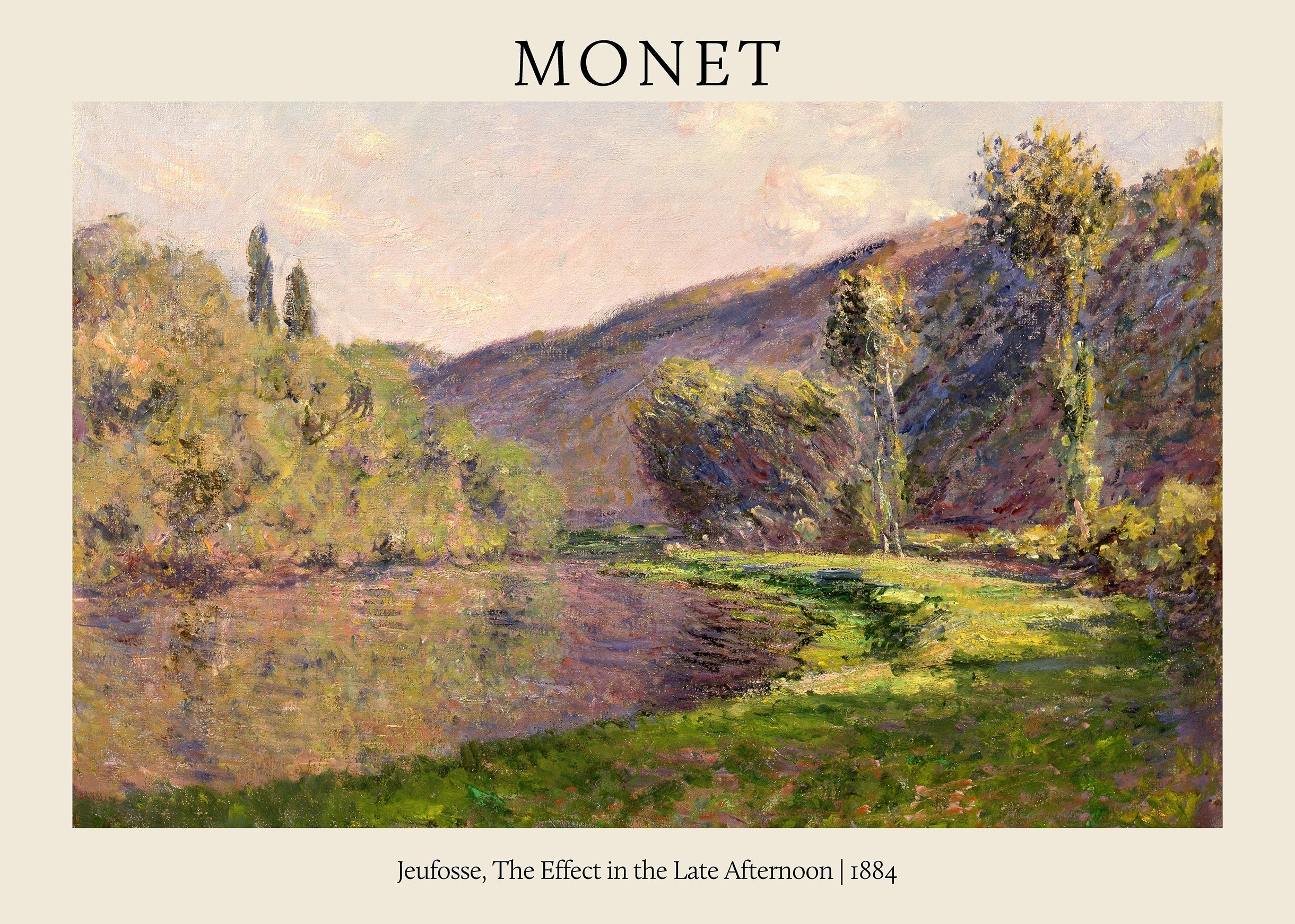 Claude Monet's 1884 oil painting, "Jeufosse," depicting a lush river landscape reflecting the warm, late afternoon light in vibrant impressionistic brushstrokes.