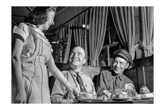 Candid 1940s Diner Photo Wall Art: Waitress Talking to Patrons Poster