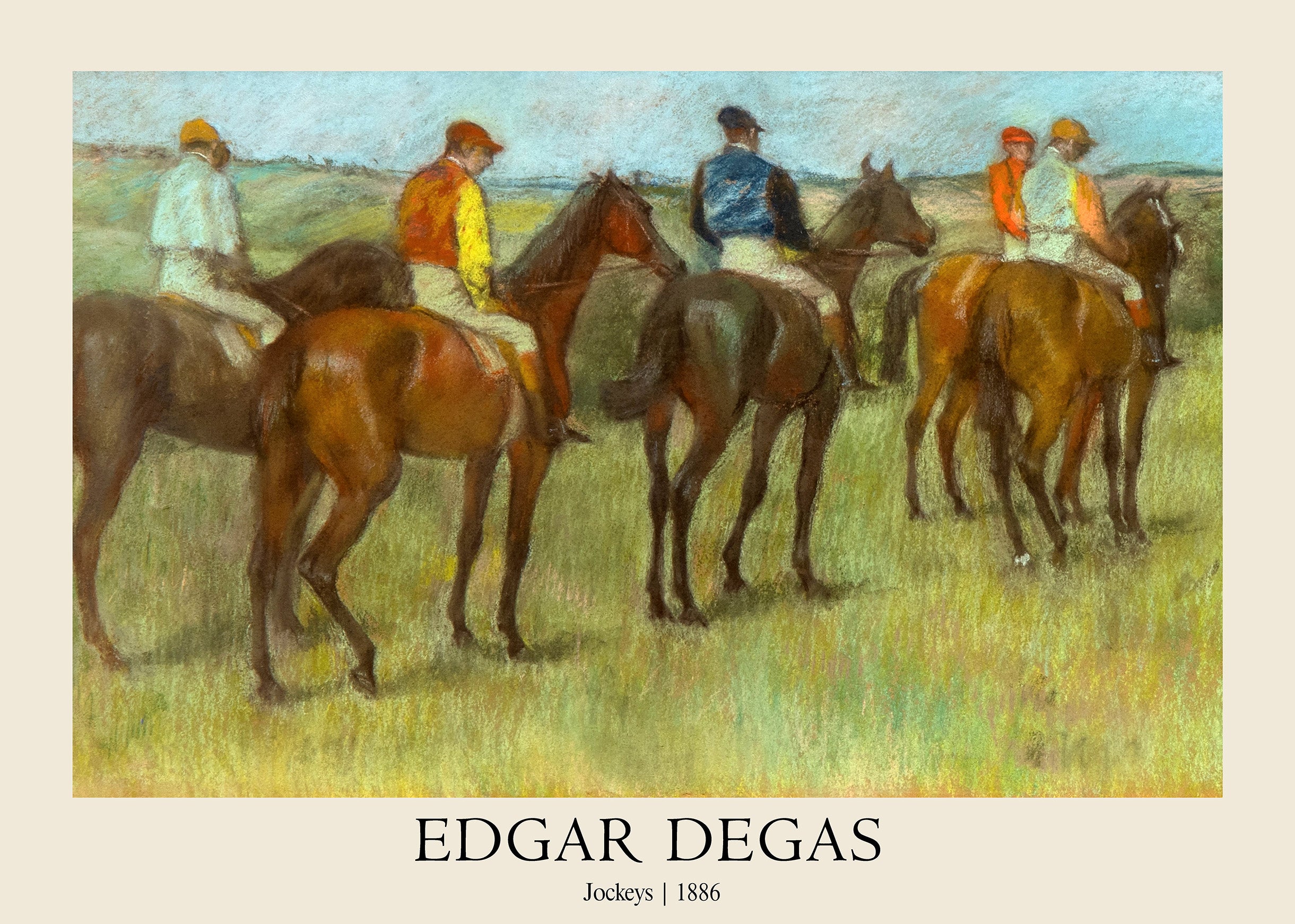 Pastel painting reproduction by Edgar Degas showing four jockeys seated on chestnut horses in colorful silks before a race.