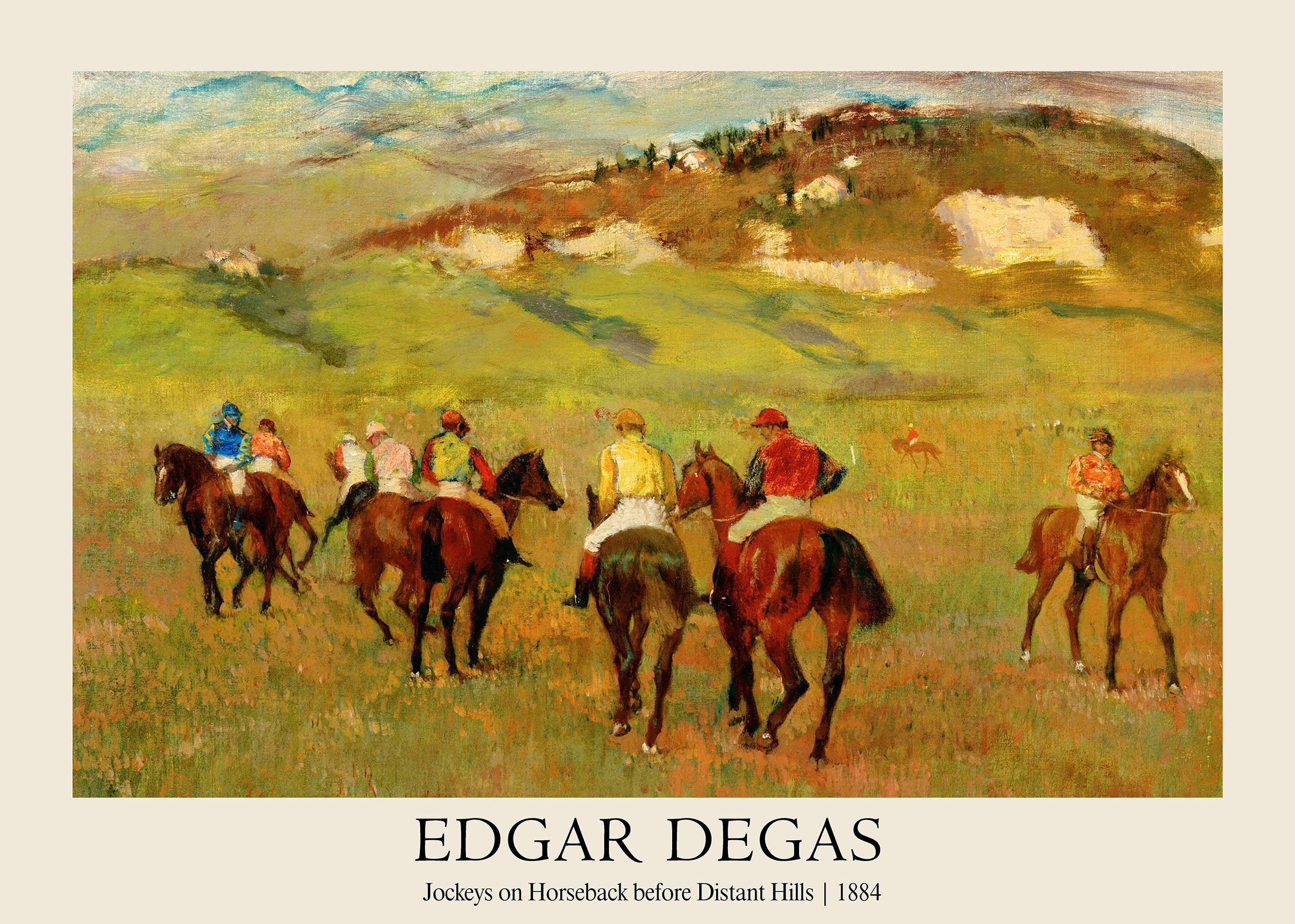 Oil painting by Edgar Degas (1884) showing several jockeys mounted on brown horses across a bright green, impressionistic field before distant hills.