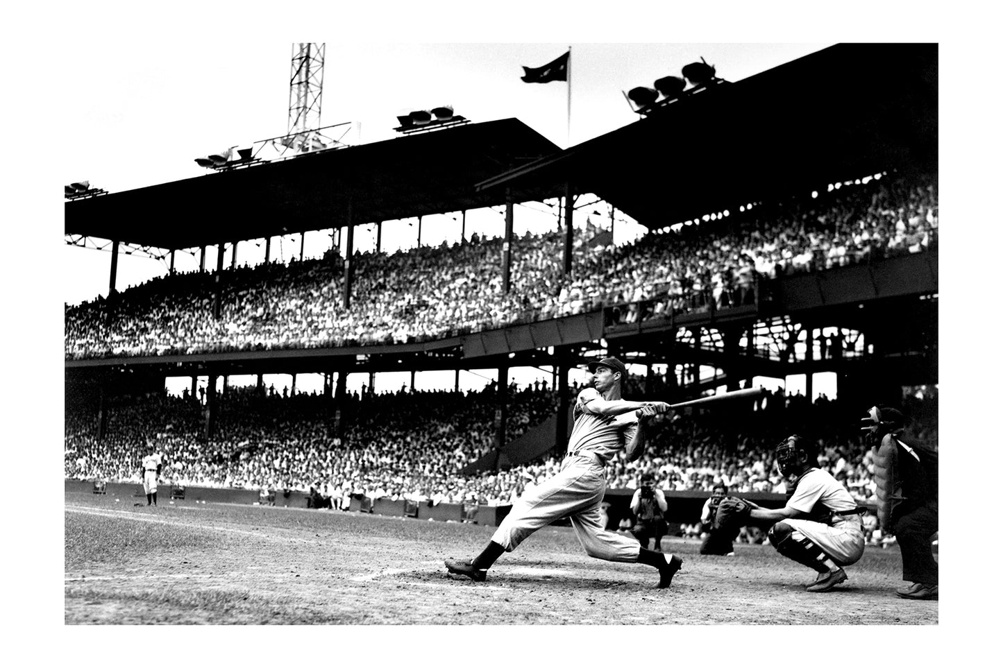 Joe DiMaggio - New York Yankees - Historic Baseball Batter Swinging Black and White Stadium Print Poster