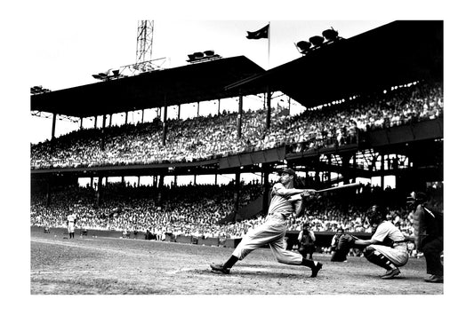 Joe DiMaggio - New York Yankees - Historic Baseball Batter Swinging Black and White Stadium Print Poster