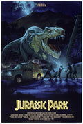 Jurassic Park poster with roaring T-Rex, jeep, and people in stormy night scene