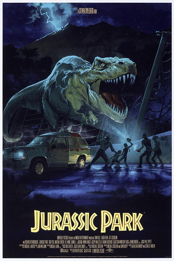 Jurassic Park poster with roaring T-Rex, jeep, and people in stormy night scene