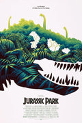 Jurassic Park movie poster with dinosaurs and lush jungle shaped inside the outline of a T-Rex skull