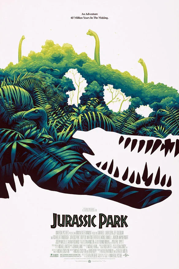 Jurassic Park movie poster with dinosaurs and lush jungle shaped inside the outline of a T-Rex skull