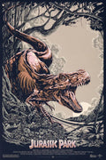 Jurassic Park poster featuring roaring T-Rex in jungle with dinosaur bones and broken fences