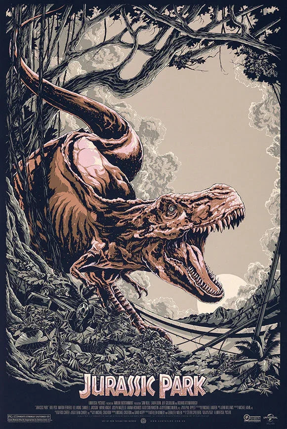 Jurassic Park poster featuring roaring T-Rex in jungle with dinosaur bones and broken fences